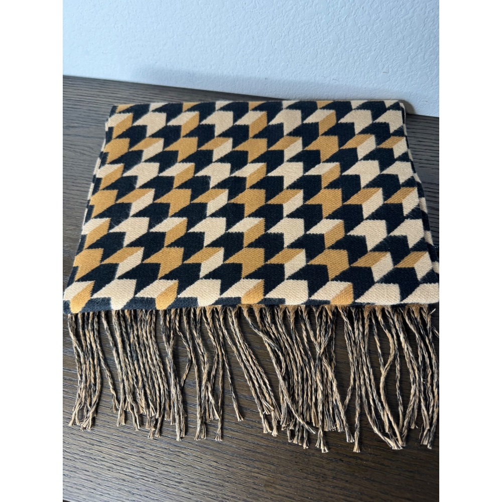 Ann Taylor Factory Geometric Cube Print Scarf Black Tan Gold Fringe 871187